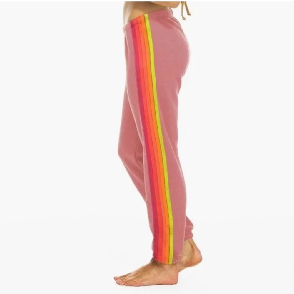 Aviator Nation Pink Track Joggers with Rainbow Side Stripes
